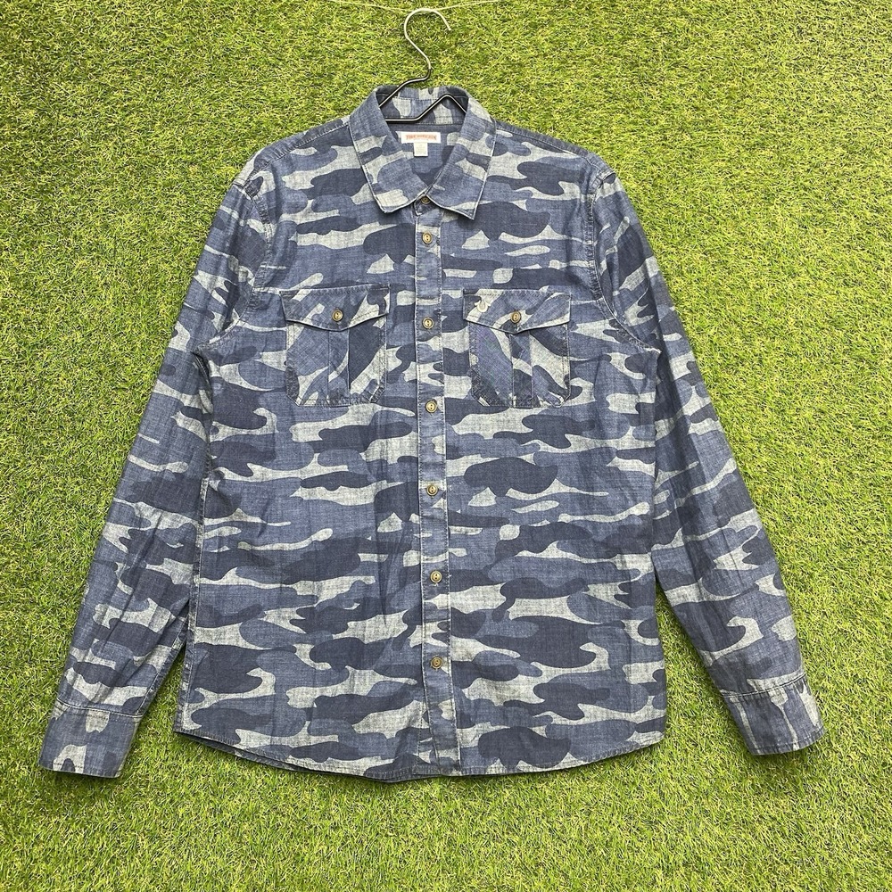 True Religion Western Shirt Mens Large Blue Camo Long Sleeve Button Up AOP 2000s